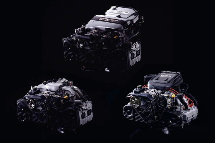 初代「レガシィ」には、2リッターターボ（上）、2リッター自然吸気（左下）、1.8リッター自然吸気（右下）、さらに2.2リッター自然吸気と、さまざまな仕様のEJ型エンジンが用意された。