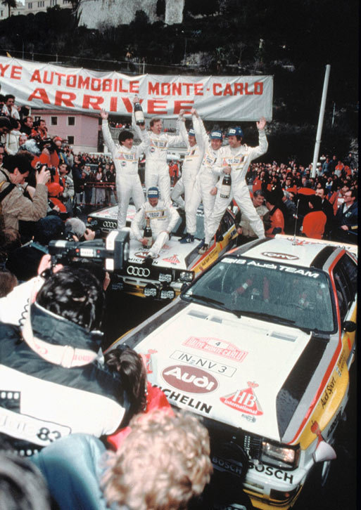 1984年シーズンの初戦モンテカルロにて、表彰台独占に沸くアウディ陣営。この年は序盤に圧倒的な強さを見せたアウディが制した。