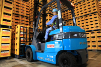 実証実験では、豊田自動織機の燃料電池フォークリフトを使用。キリンビールの横浜工場を含む4カ所の施設で、計12台が運用されている。水素の充填時間は約3分で、約8時間稼動する。