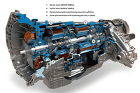 「ハイブリッド・トランスミッション」の透視図。（1）部分に「モーターA」、（2）部分に「モーターB」が組み込まれている。