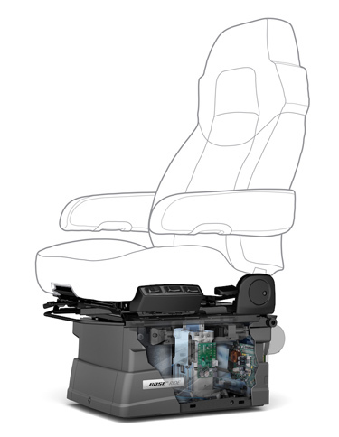 これは、単軸式Bose Rideの構造図。上下方向の揺れを抑制する。2010年からトラック用に販売され、多くのプロドライバーの身体的負担を軽減してきた。詳しくは、次ページにて。