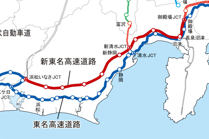 東名高速道路（青い線）と新東名高速道路（赤い線）。NEXCO中日本によれば、東名整備による経済効果は、1969年から2018年までの50年間で、約60兆円にのぼるという。