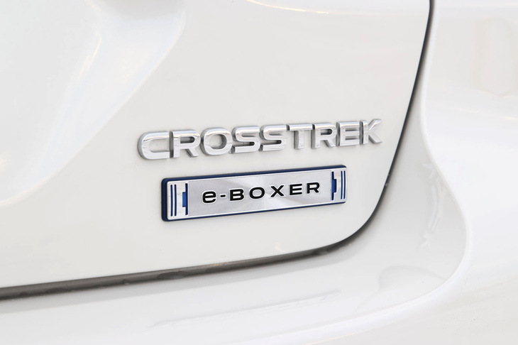 リアゲートに備わる「e-BOXER」のバッジは、文言は同じながらフォントや質感が使い分けられた「ストロングハイブリッド」専用デザイン。マイルドハイブリッドモデルとの違いがさりげなくアピールされる。