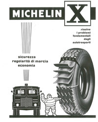 イタリア向けに用意されたトラック用「ミシュランX」の広告。放射状に配されたコードの上にスチールベルトを巻いた構造が、イラストで説明されている。