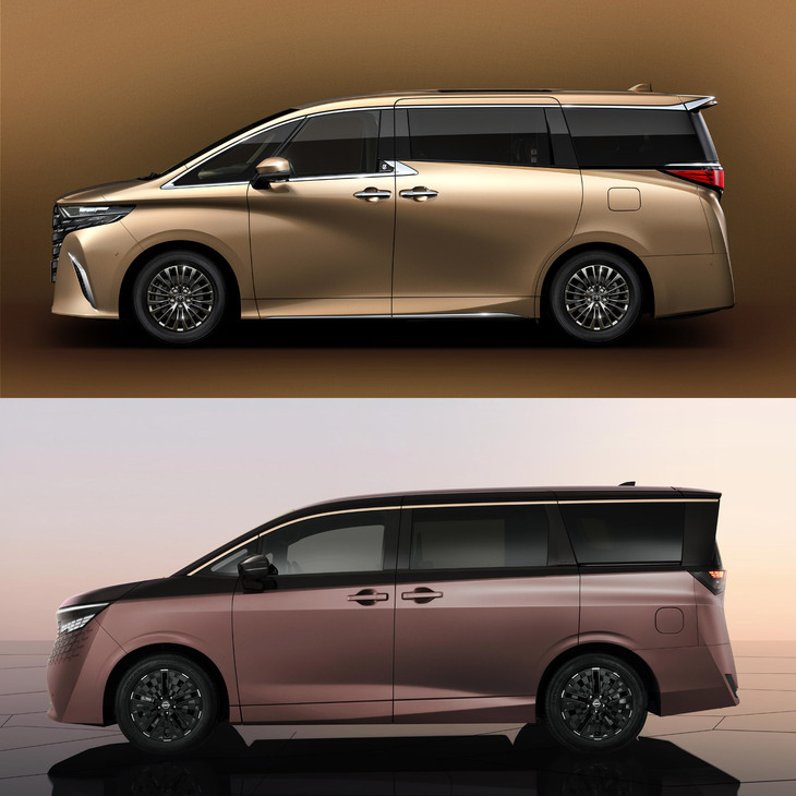 こちらは「トヨタ・アルファード」（上）と新型「日産エルグランド」（下）の比較。動きのあるボディーパネルが特徴的な前者に対し、後者は比較的シンプルな面形状となっている。