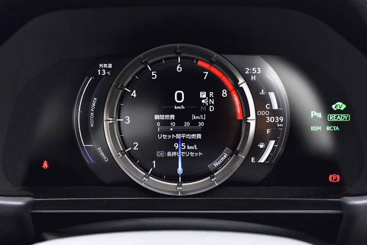 「LFA」の可動式メーターリングを継承する、8インチのカラーTFT液晶メーターが採用されている。（クリックするとメーターリングがスライドする様子が見られます）