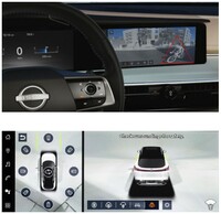 「フロントワイドビュー」（写真上）は、見通しが悪い交差点などにおいて、左右約180°の映像を表示し、死角になりやすい左右の安全確認をサポートする機能。写真下は「3Dビュー」のイメージで、車両の周囲の状況を立体的に見ることができる。