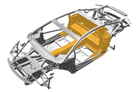 「ガヤルド」ではアルミスペースフレームだったボディーアーキテクチャーが、「ウラカン」ではアルミと炭素繊維強化ポリマー（写真のオレンジの部分）のハイブリッド構造となった。ボディーシェルの単体重量は200kg以下という。