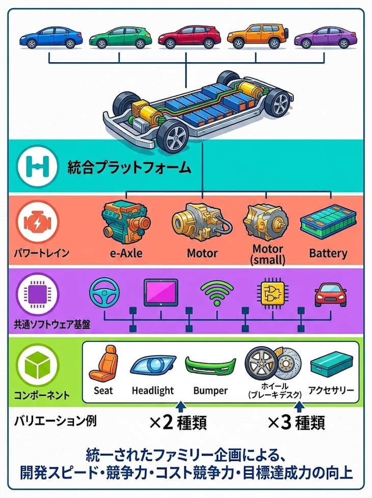 日産のファミリー戦略に基づく商品企画のイメージ。事業性と競争力の高さを両立すべく、製品を「共通のアーキテクチャーをベースに開発する複数車種のグループ」に統合し、そのグループ単位で一括して意思決定する点が、（各車・各地域の要望を順次個別に最適化していた）従来の方式とは大きく異なる。ファミリー戦略においては、部品・コンポーネンツといった物理的な要素が共通化される。
	（※画像は生成AIによりつくられたイメージです）