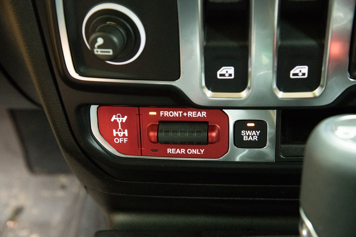 「ルビコン」シリーズにはフロント・リアのデフロック機能や、フロントスタビライザーを切り離してタイヤの動きの自由度を高める「電子制御式フロントスウェイバーディスコネクトシステム」などが備わる。