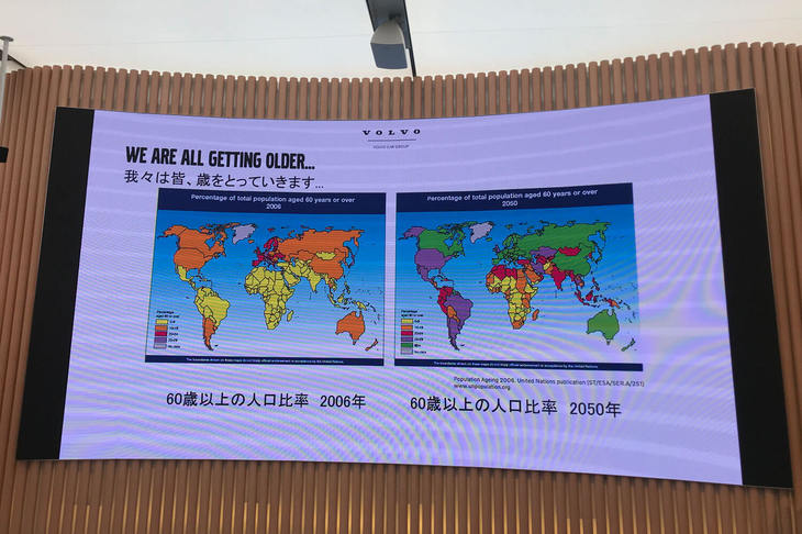 セミナーでは高齢化社会に向けての取り組みについても発表された。写真は2050年に60歳以上の人口が高まっていることを示す図。