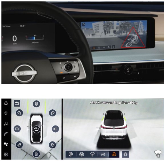 「フロントワイドビュー」（写真上）は、見通しが悪い交差点などにおいて、左右約180°の映像を表示し、死角になりやすい左右の安全確認をサポートする機能。写真下は「3Dビュー」のイメージで、車両の周囲の状況を立体的に見ることができる。