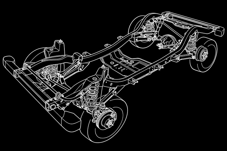1997年に登場した「ジープ・ラングラー（TJ）」のシャシー。ラングラーは、同モデルでスプリングをリーフからコイルに変更したものの、今日に至るまで前後リジッドアクスルのサスペンションは守り続けている。