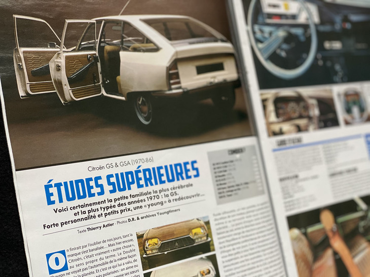 シトロエン専門誌『シェヴロネー』の2019年6月号。「シトロエンGS／GSA」の通史を、毎年の価格からボディーカラー全色、オーナーインタビューまで全5ページの中に見事に凝縮している。