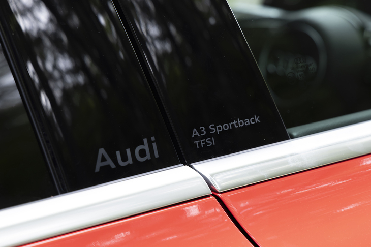 Bピラーにはモデルネームが控えめに記される。これはアウディの最新モデルに共通のデザイン要素だ。