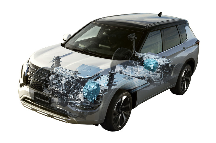 パワートレインおよびドライブトレインの透視図。文中で紹介した駆動用モーターに加え、バッテリーの出力も約40％向上している。