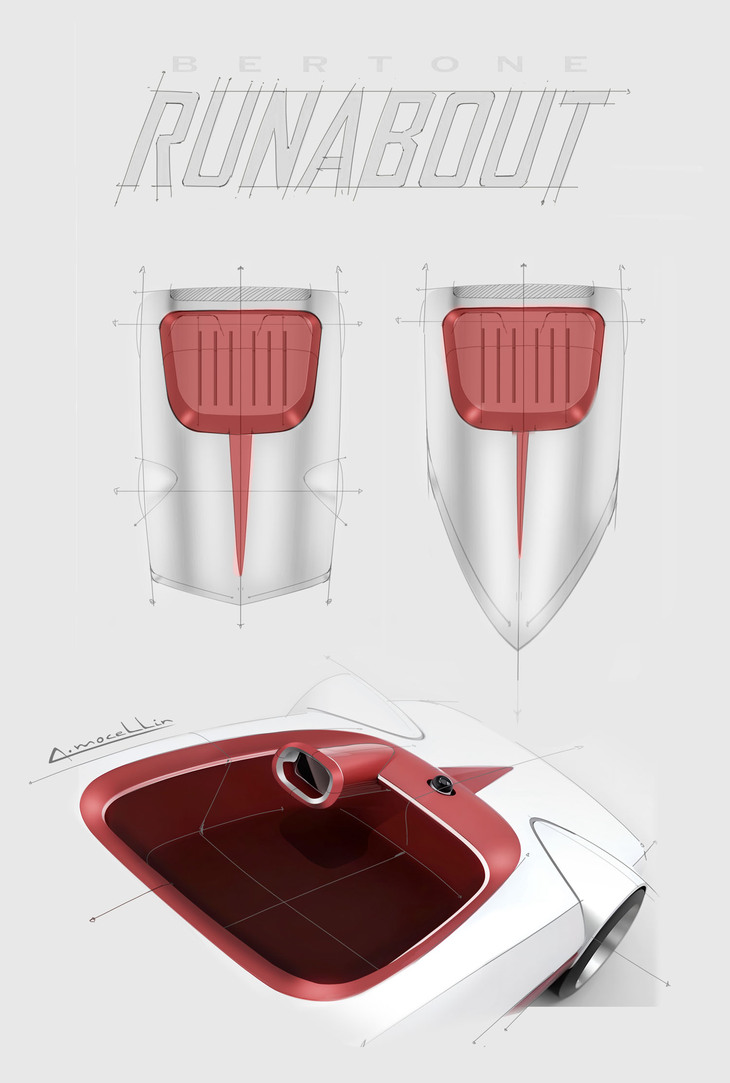 バルケッタ（小型ボート）のデッキにイメージがつながるフロントフード、そして“器のような空間”。（提供：Bertone）