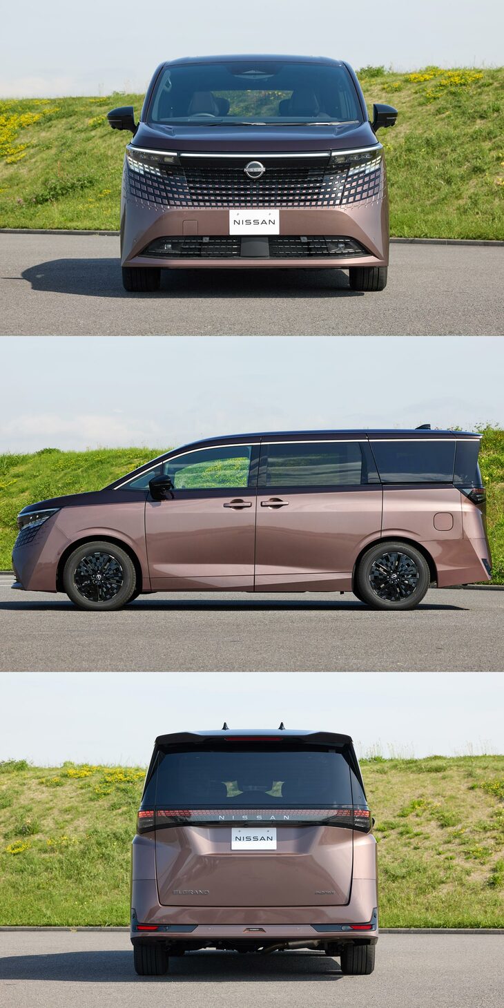 新型「日産エルグランド」のボディーサイズは、全長×全幅×全高＝4995×1895×1975mmと、「トヨタ・アルファード」（同＝4995×1850×1935～1945mm）より全幅・全高が大きい。