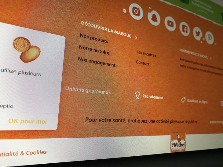フランスで一般的な菓子ブランド、サン＝ミシェルの公式サイト。法律にしたがい「あなたの健康のために、定期的な運動を心がけましょう」のメッセージが、ページの下部に記されている。