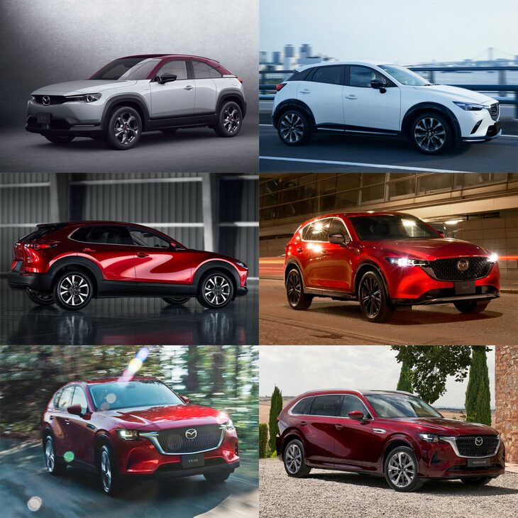 マツダの現行SUV／クロスオーバーの国内ラインナップ。　
	ほった「これに加えて、日本未導入のモデルもあるわけでしょう。マツダも、ラインナップそのものは多いんですけどね」　　
	清水「マーケットに応じて『CX-80』『CX-90』とつくり分けているだけでも、大したものだよ」