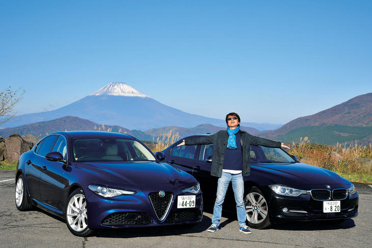 「ジュリア」（左）と筆者の愛車「BMW 320d」（右）。（写真＝池之平昌信）
