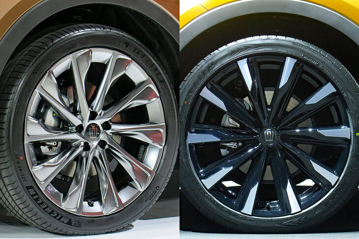 巨大な21インチホイールの採用も、デザイン上の新型「クラウン」のトピック。仕様によってデザインが違い、「RS」系のグレードが切削光輝加工とブラック塗装の組み合わせ（右）、「G“レザーパッケージ”」「G“アドバンスト・レザーパッケージ”」がダークプレミアムメタリック塗装（左）となる。