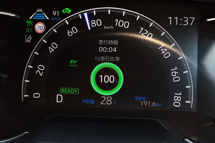 メーター内のインフォメーションディスプレイにはPHV専用の表示が追加されており、ドライブモードやバッテリーの残量、パワートレインの作動状態、EV走行の比率などが確認できる。