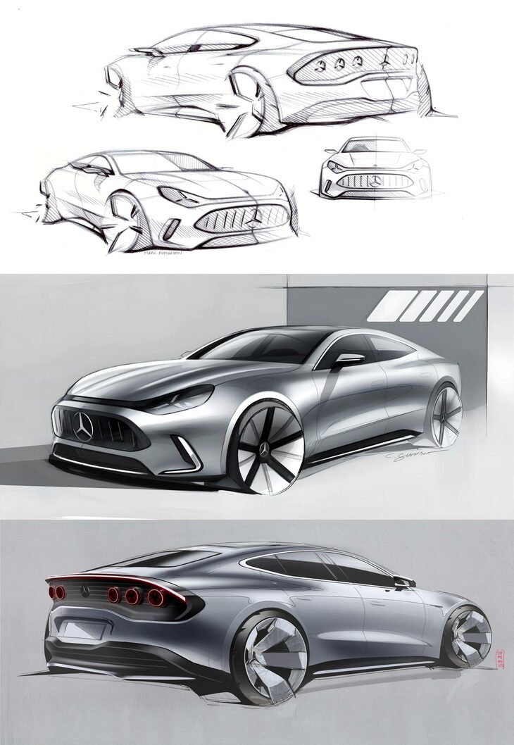 新型「メルセデスAMG GT 4ドアクーペ」のデザインスケッチ。この段階では、グリルまわりがもっと前方に突き出ていて、渕野氏がいうところの“グリル発進”のデザインとなっていたようだ。