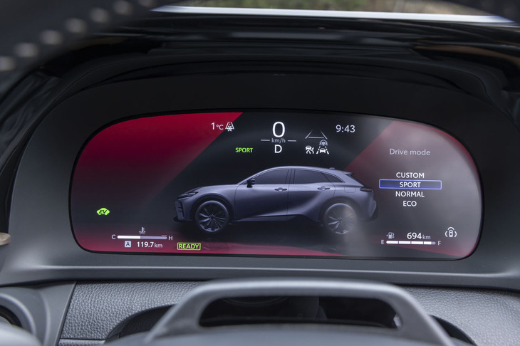 ドライブモードは「エコ」「ノーマル」「スポーツ」「カスタム」の全4種類。モードを変えるとメーターパネルに車両のサイドビューが大写しになる。