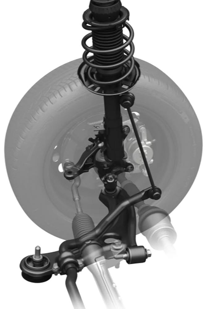 新型「フィット」のフロントサスペンション。形式こそオーソドックスなマクファーソンストラット式だが、フリクションの小ささをはじめ、上質さが実感できる。