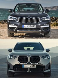 先代「X3」（上）と新型X3（下）のフロントマスクの比較。　
	清水「新型はずいぶんスッキリしたんだねぇ」　
	ほった「まぁグリル内の模様とかテールランプのグラフィックとか、細かいところは今でもコテコテなんですけど」
