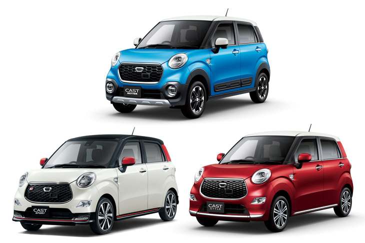 2015年に登場した「キャスト」。SUVチックな「アクティバ」（上）、スポーティーな「スポーツ」（左下）、シックな女性向けの「スタイル」（右下）の3モデル構成で登場したが……。スタイルを除く2モデルは、2020年3月いっぱいで販売終了となった。