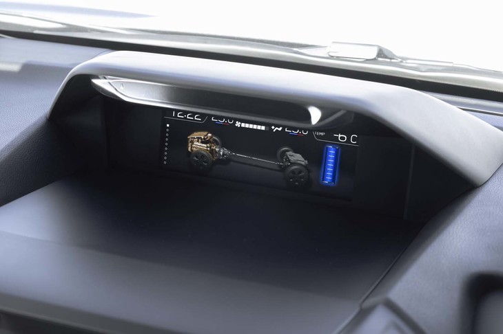 ダッシュボードの中央上部にはマルチファンクションディスプレイを標準装備（ナビはオプション）。ひさしの部分にはドライバーの居眠りやよそ見をモニタリングするカメラが備わっている。