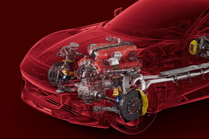 フェラーリ・プロサングエ（エンジンおよびフロントアクスルの透視図）