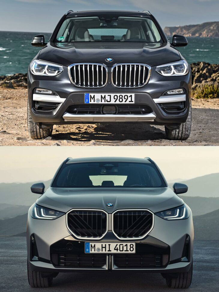 先代「X3」（上）と新型X3（下）のフロントマスクの比較。　
	清水「新型はずいぶんスッキリしたんだねぇ」　
	ほった「まぁグリル内の模様とかテールランプのグラフィックとか、細かいところは今でもコテコテなんですけど」