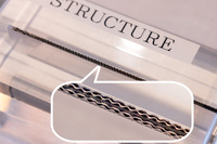 FCセルの断面図。中央の黒い帯が電極集合体で、その上下を2枚の金属プレートからなるセパレーターが挟んでいる。電極集合体とセパレーターのすき間を水素／空気が、セパレーター内の空洞を冷却水が通る。