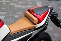 シートにはタンカラーの本革を採用。後方のカウルには、フタ（これもカーボンファイバー製だ）付きの小さな収納スペースが設けられている。