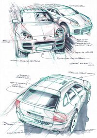 初代「カイエン」のデザインスケッチ。なお、本ページでwebCGほったが言った「売れてるものが～」（※）というのは、ミュージシャンの甲本ヒロトが音楽雑誌の対談企画で、音楽評論家に言い放った金言である。