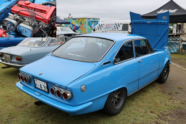 1968年「いすゞ・ベレット1600GTファーストバック」（正式車名が“ファストバック”ではなく“ファーストバック”）。オーナー氏は過去に何台ものベレGをレストアしているエキスパートで、これはエンジンをオリジナルのOHVから「1600GTR」用のDOHCに換装（写真左上）。いすゞ好きの間でエルフブルーと呼ばれるボディーカラーは、1600GTRのプロトタイプであるワークスマシンの「GTX」をイメージしたもの。蒼いクルマの人気投票で4位となった。