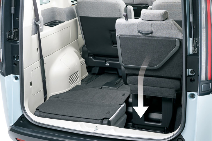 3列目シートの格納方法は、従来型と同じく床下格納式。座席の背面には、格納時に広げることで床面の隙間を覆うボードが備わっている。