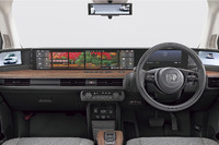 12.3インチの液晶パネルを2枚並べた「ワイドスクリーンHonda CONNECTディスプレイ」と、メーターパネル、そしてサイドカメラミラーシステム用の6インチモニター（左右）と、計5枚の液晶ディスプレイが並んだ「ホンダe」のインストゥルメントパネル。