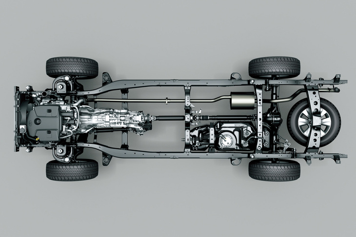 「GA-F」を除くと、トヨタが擁するラダーフレームは「ランドクルーザー“70”」のものと、「ハイラックス」などIMV向けのもの（写真）のみとなる。それでもよそのメーカーからしたら「マジかよ？」という充実ぶりだが……。