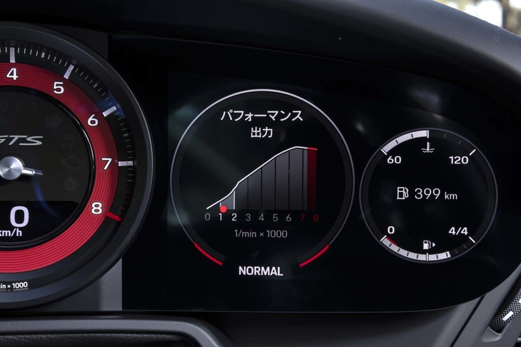 液晶部分の円形メーターには、パワー＆トルクカーブ（写真）のほか、Gフォースやタイヤ空気圧、シフトポジションなどが表示できる。