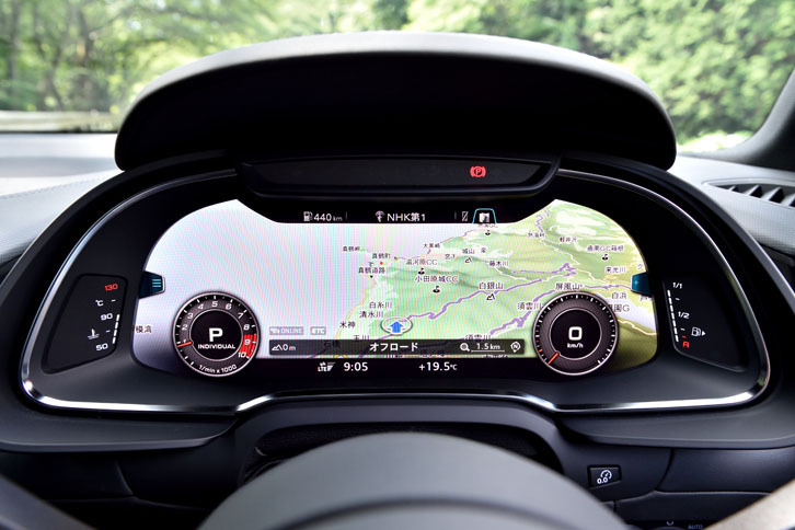 「アウディバーチャルコックピット」でナビゲーションの地図を表示させたところ。