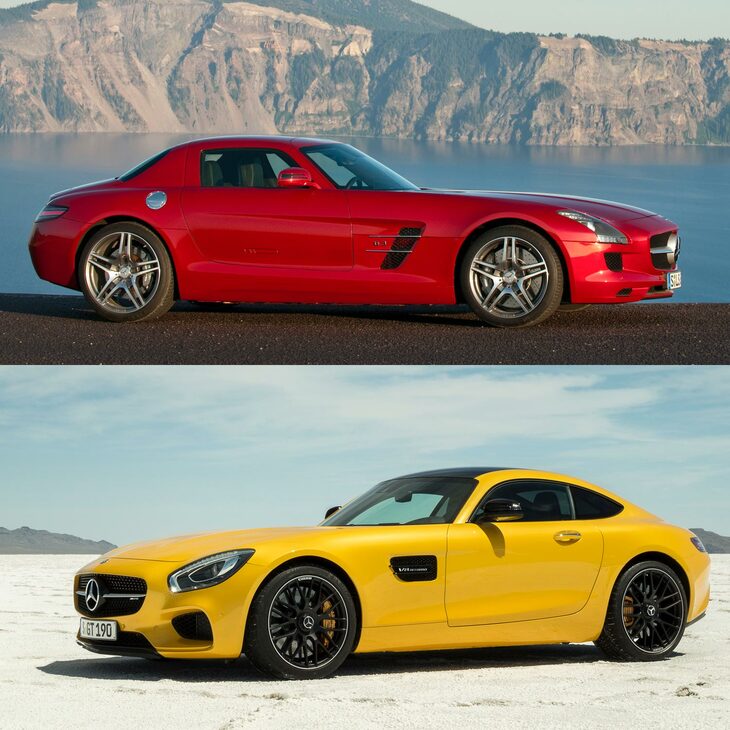 2009年登場の「メルセデス・ベンツSLS AMG」（上）と、2014年登場の「メルセデスAMG GT」（下）。ともに長いノーズが特徴のFRスポーツで、GT3のレースカーがさまざまなレースで活躍している。