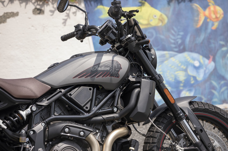 チタンスモークペイントの上にインディアンのイラストが描かれたタンクカバーは、「FTRラリー」だけの専用装備だ。