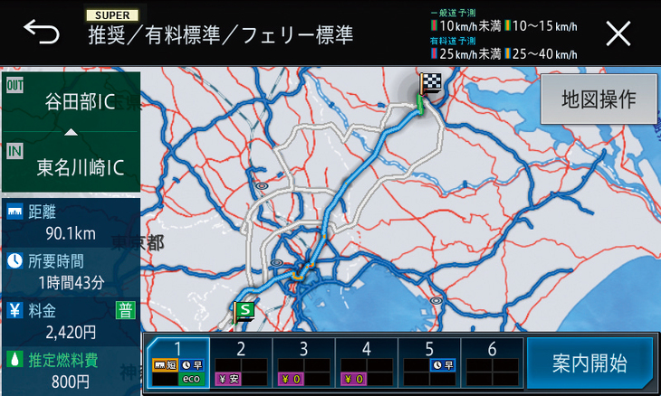 サイバーナビのナビ機能はほとんどが通信を介してサーバーが行なう。通信モジュールを使えば（スマホでも可）高速に処理できるうえ、6ルート表示もサイバーナビならでは。