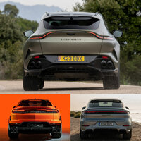 リアウィンドウを後ろから見ると、キャビンが大きく絞り込まれた「DBX」（上）では、その形が逆台形に見える。ライバルと比べると、「ランボルギーニ・ウルス」（下段左）は台形。クーペスタイルの「ポルシェ・カイエンGT」（下段右）でも左右のピラーは並行で、DBXほど極端に絞り込んでは似ない。