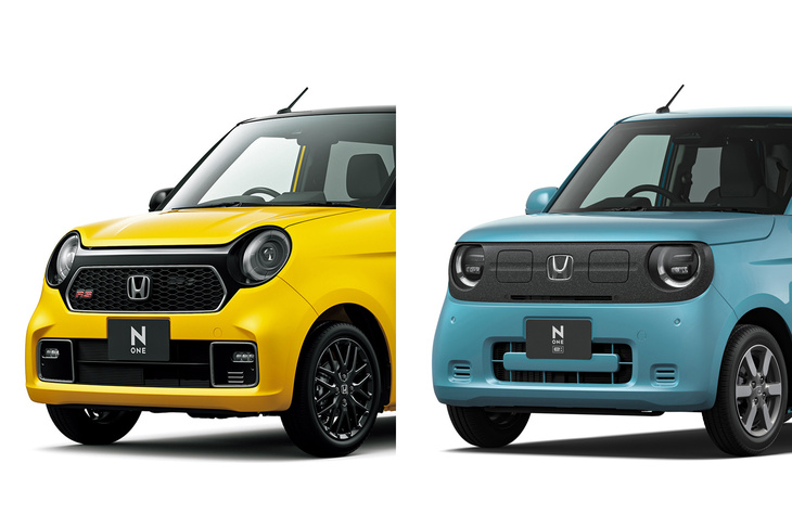 「ホンダN-ONE」（写真左）と「N-ONE e：」（同右）のフロントまわり。ボンネットの傾きや“おでこ”の角張り具合に注目。両車のフロントまわりは、グラフィックのみならず形状自体が大きく異なるのだ。