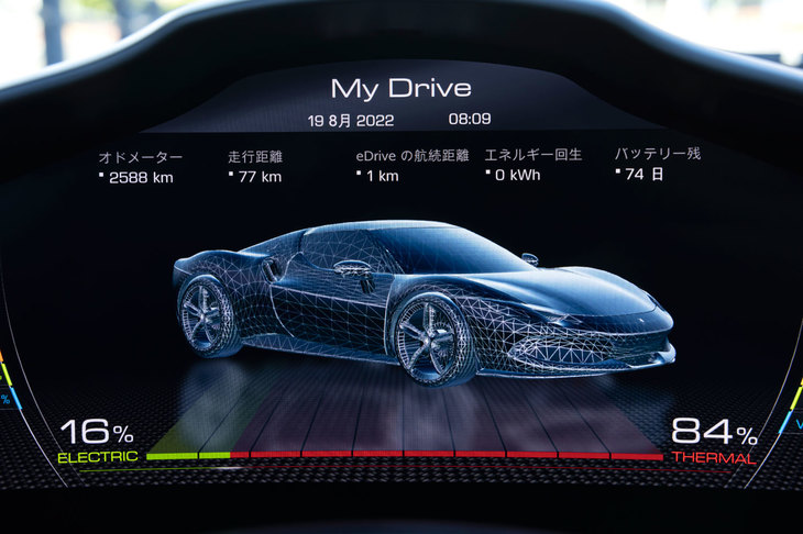 ドライブを終えてシステムをオフにすると、インストゥルメントクラスターには走行距離やEV走行の比率、ブレーキエネルギーの回生量などが表示される。このあたりは先の「SF90」と同じだ。